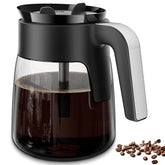 Generic brand glass carafe front view showing full 12-cup capacity and clear markings for easy pouring benefit