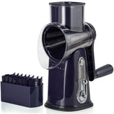 Generic brand front view showing purple rotary grater and handle, clear storage benefit