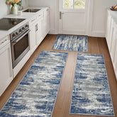 GENIMO front view of three blue ivory rugs showing modern style and floor protection