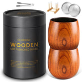 GENUINED front view of two wooden bourbon glasses showing packaging and finish benefits