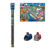 Gertmenian front packaging showing Paw Patrol Town Tower rug and included cars for instant play