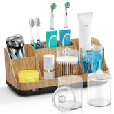 GFWARE front view showing toothbrush holder and q-tip dispenser, keeps counters organized