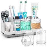 GFWARE front view of marble toothbrush holder set showing organized slots and tidy countertop