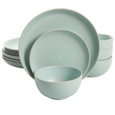 Gibson Home front view of teal dinnerware set showing complete service for four and modern look