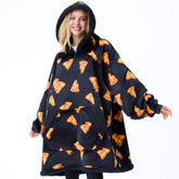 Giggling Getup front view black pizza print showing oversized fit and cozy look