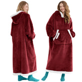 Giggling Getup front view burgundy hoodie blanket showing roomy fit and hood for cozy wear
