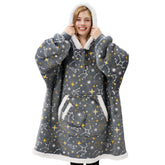 Giggling Getup front view of hooded blanket in grey glowing stars showing full oversized fit