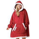 Giggling Getup front view red hooded blanket showing full coverage and cozy fit