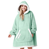 Giggling Getup front view of light green wearable blanket hoodie showing roomy fit and zipper for easy wear