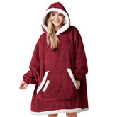 Giggling Getup front view burgundy wearable blanket showing full fit and cozy look