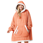 Giggling Getup front view coral hoodie showing cozy coverage and roomy fit