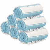 GLAMBURG folded front towel showing neat stripes and compact storage benefit