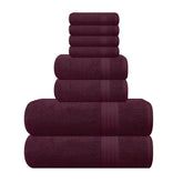 GLAMBURG front view of burgundy 8-piece towel set, shows coordinated look and luxury
