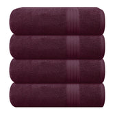 GLAMBURG front view of four burgundy towels showing coordinated set and neat fold