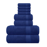 GLAMBURG front view of navy towel set showing coordinated pieces and neat fold