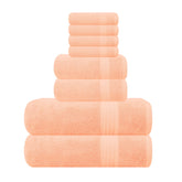 GLAMBURG front view of peach towel set shows full collection and coordinated look