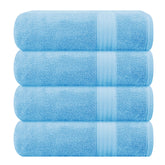 GLAMBURG front view of four sky blue towels showing uniform color and neat fold for a tidy bathroom