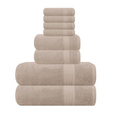 GLAMBURG front view of folded tan towel set showing coordinated look and value