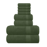 GLAMBURG folded 8-piece olive towel set displayed neatly, showcasing coordinated bath, hand, and washcloths