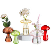 Glasseam front view of five colored mushroom vases showing variety and charm