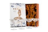 GLASSIQUE CADEAU front view of four coupe glasses in gift box, elegant presentation