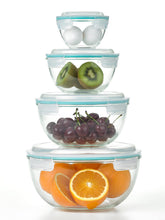 Glasslock front view of full 8-piece set showing bowls and lids for organized storage