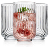 Glaver's front view of eight glasses showing vintage ripple design and versatile serving use