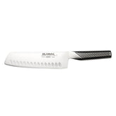 Global 7" nakiri front view showing blade and handle, precise balance benefit