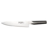 Global chef's knife front view showing sleek blade and lightweight control