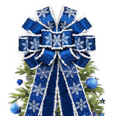GOGOSY blue Christmas tree topper front view showing plush velvet and snowflake print for festive impact