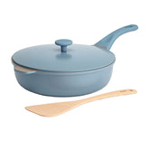 Goodful front view of all-in-one pan showing Blue Mist finish and lid, stylish storage benefit