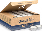 GoodLight pack front view showing 100 unscented tea lights and benefits