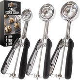 GORILLA GRIP front view of three black-handled scoops for quick portioning