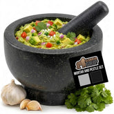 GORILLA GRIP front view of black granite mortar and pestle showing sturdy design and stability