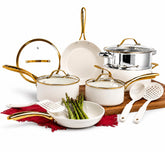 GOTHAM STEEL full 15-piece set front view showing cream finish and lids benefiting coordinated cooking
