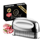 Gourmet Easy front view of stainless steel tenderizer showing solid one-piece design and benefit of ready-to-use convenience