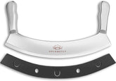 Gourmetly mezzaluna front view showing full curved blade and handles, durable control