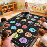 GRAMBET front view of 5x7 classroom rug showing seating layout and calm design benefit