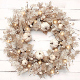 Grandeal front door wreath lit with warm LEDs enhances curb appeal