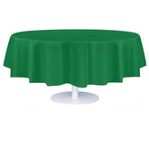 Grandipity packaging showing 84-inch round green disposable tablecloth benefits