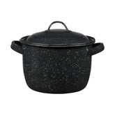 Granite Ware bean pot front view speckled black showing classic aesthetic and durability