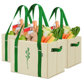 Green Bulldog front view of three beige reusable tote bags showing pack and design benefit