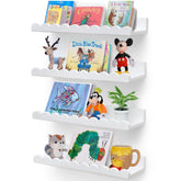 Green Goods Supply front view of four white scalloped shelves showing neat book display benefit