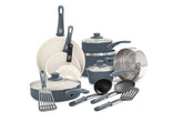 GreenLife 16 piece set front view showing all cookware and utensils, versatile kitchen solution