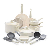 GreenLife full 16-piece cream cookware set shown on counter, complete kitchen solution