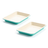 GreenLife quarter sheet front view showing turquoise finish and reinforced rims for durability