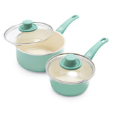 GreenLife saucepan set front view shows turquoise finish and glass lids, highlighting style