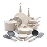 GreenLife full 16-piece set front view showing taupe finish and lids benefits