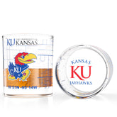 Greenline Goods front view of Jayhawks whiskey glasses showing logo and map, perfect for gifts