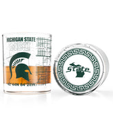 Greenline Goods Spartans glasses front view showing full-color campus map and logo, ideal for display